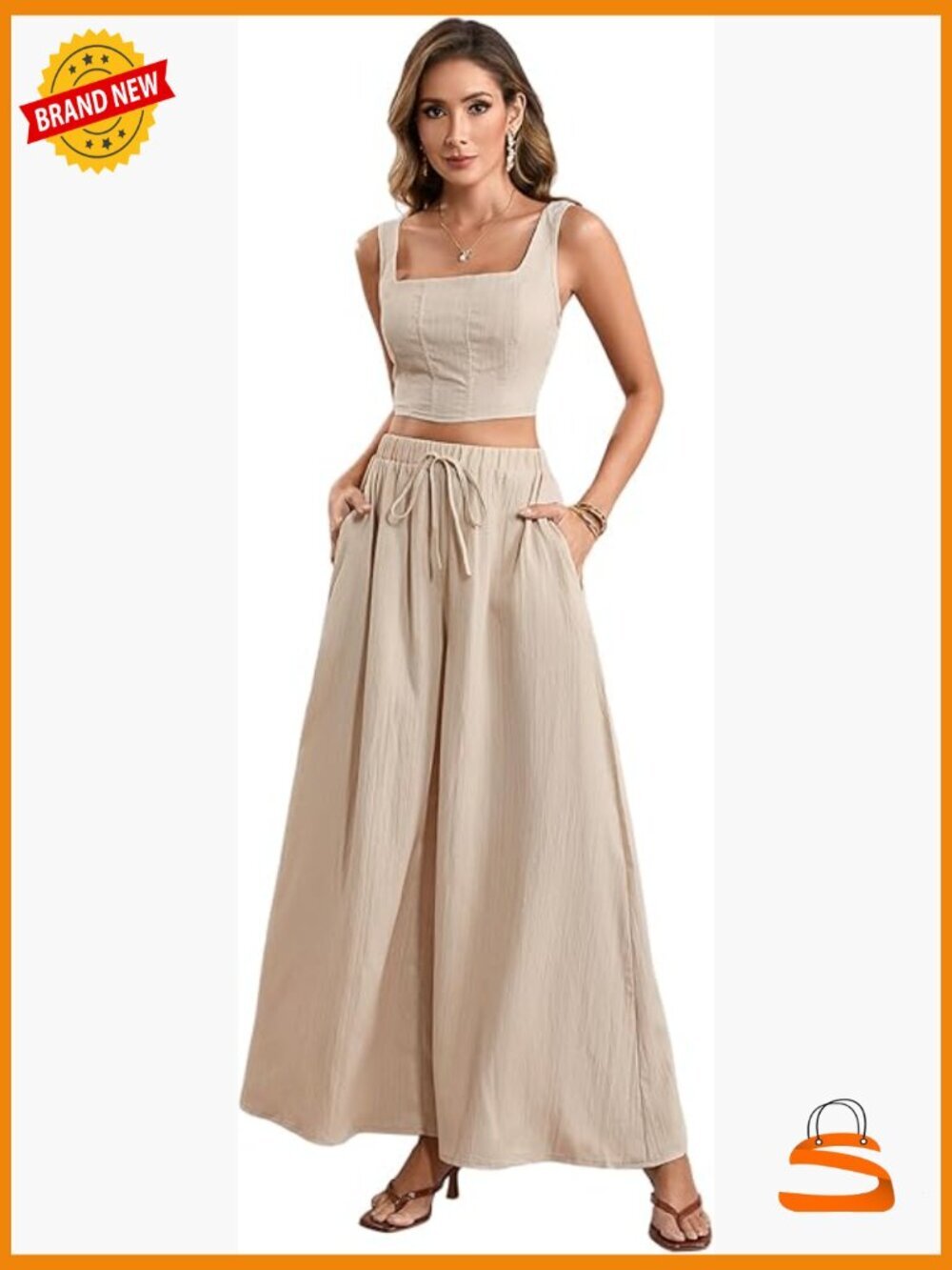 2 Piece Outfit Square Neck Crop Tank and Wide Leg Flowy Pants Set